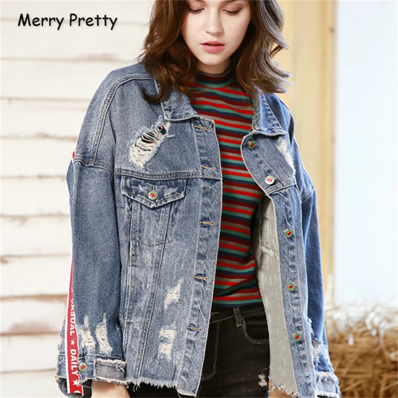 

Merry Pretty Women Character Print Denim Jacket 2019 Autumn Long Sleeve Turndown Collar Lace Up Jeans Jacket Streewear Outerwear