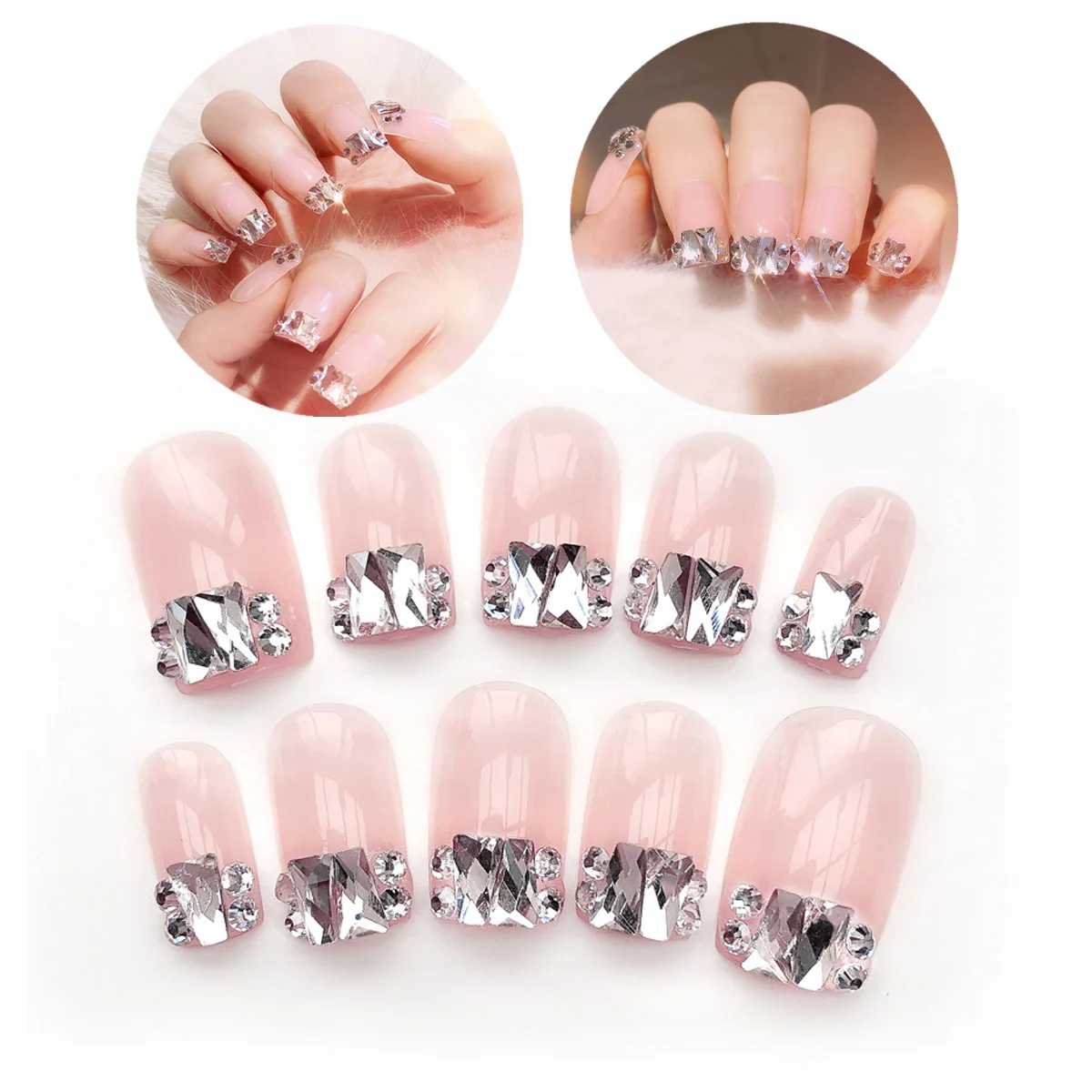 

24pcs Sparkling Drill Artificial Nails White Diamond Designs Crystal Rhinestone Full Cover Press on False Nails with Glue