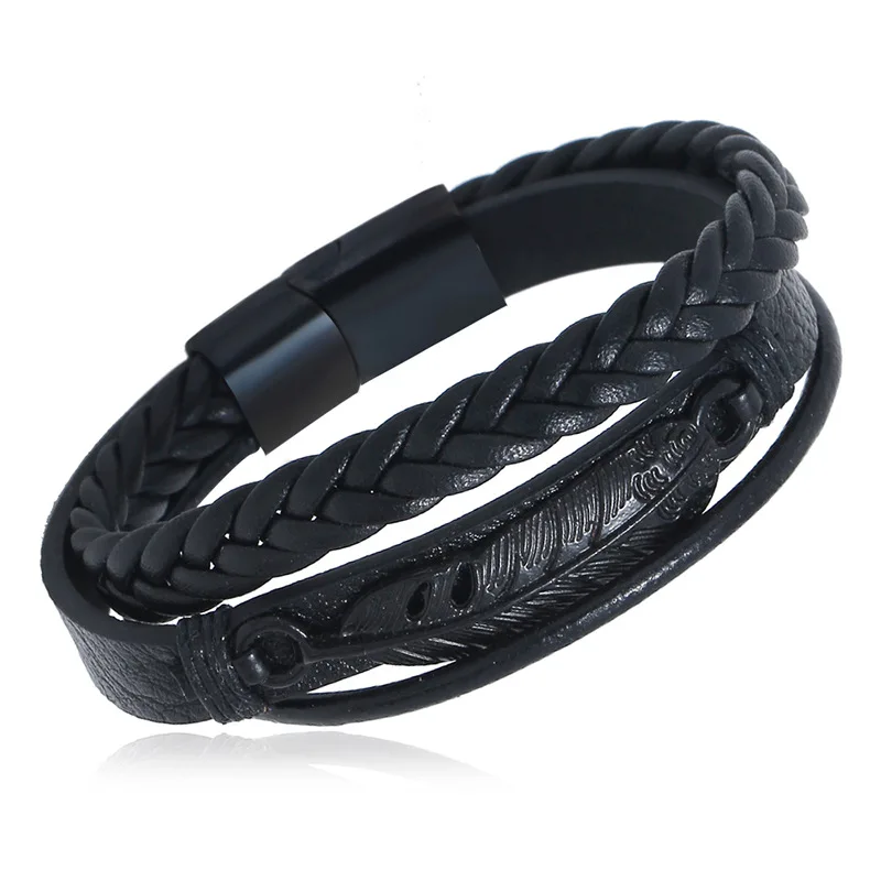 

Feather Skull Heart Arrow Stainless Steel Leather Bracelet Fashion Black Male Bracelet Men Stainless Steel Button Bracelet