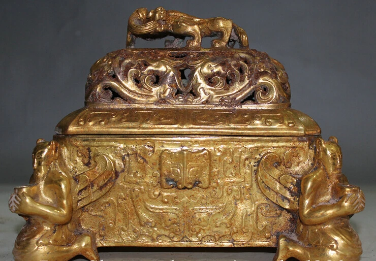 

Collectible bronze S1636 9" Chinese Bronze 24K Gold Dragon Beast Square Incense Burner Censer