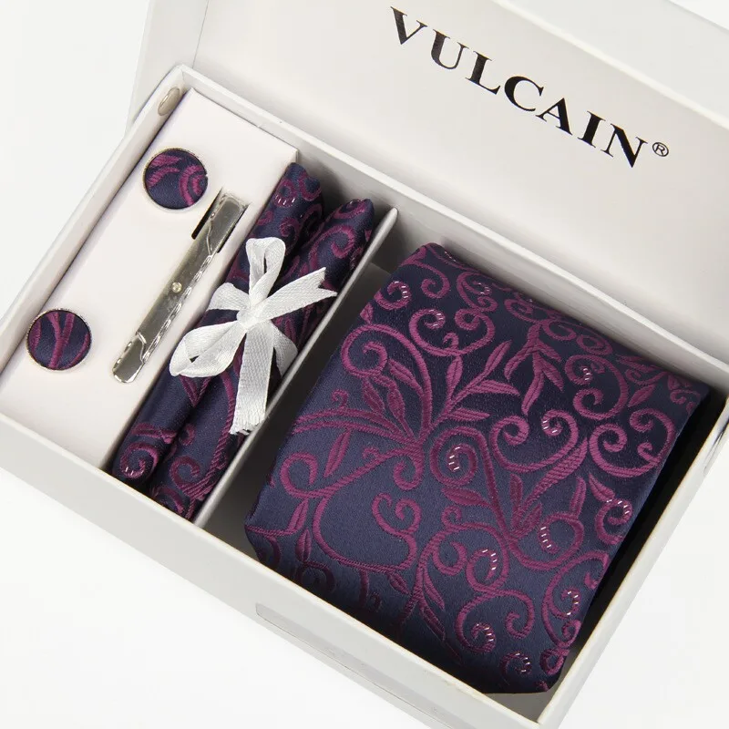 

men 2014 neckties handkerchief and cufflinks +tie clip & with box gift 5 sets silk gravatas chinesa purple jacquard woven lotes