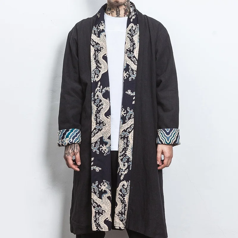

Chinese Style Traditional Chinese Clothing for men Cotton and Linen Mens Coat Long Hanfu Long Sleeve Tops trenchcoat TA930