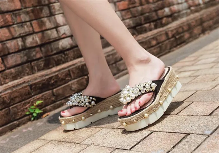 SAILING LU/роскошные женские вьетнамки на платформе с жемчугом, модные сандалии с кристаллами, женская обувь из искусственной замши, XWT1118