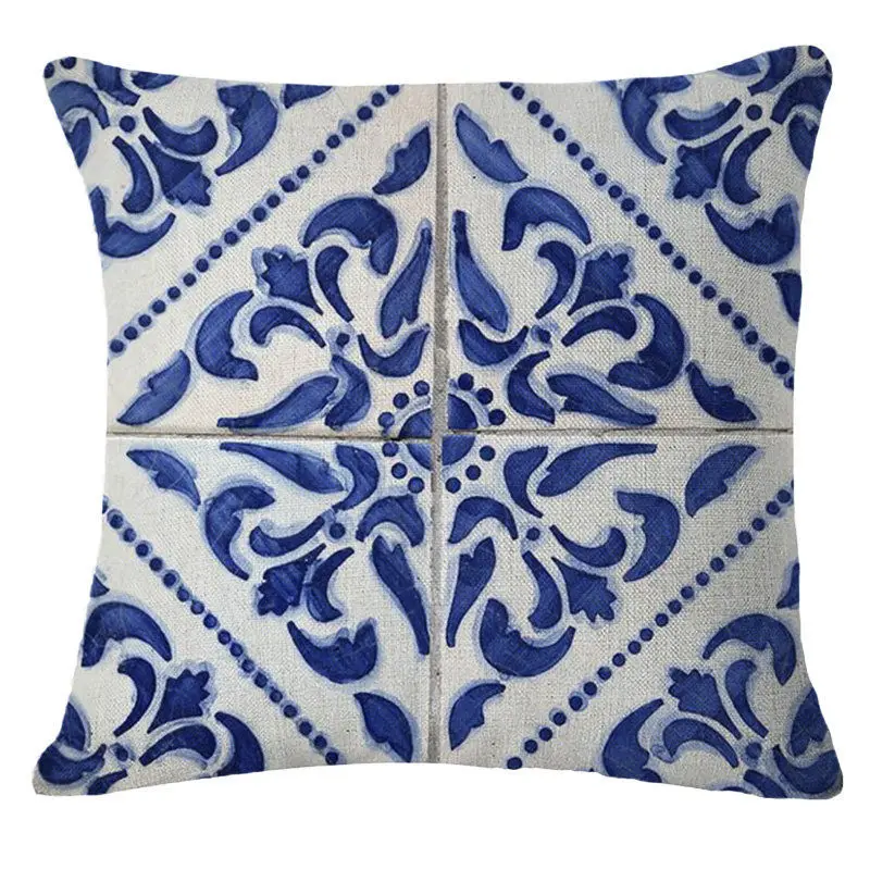 Chinese Style Vintage Blue Flowers Series Cushion Cover Cotton Linen Throw Pillow Case for Home Bedroom Decoration Pillowcase