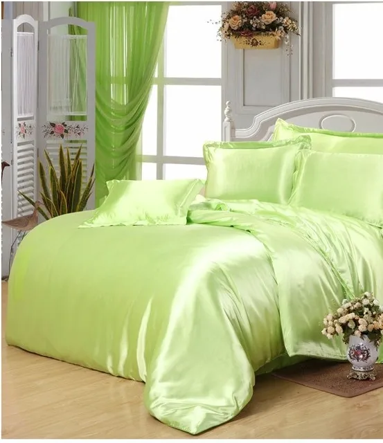 Yellow green satin Silk bedding set super king size queen full double