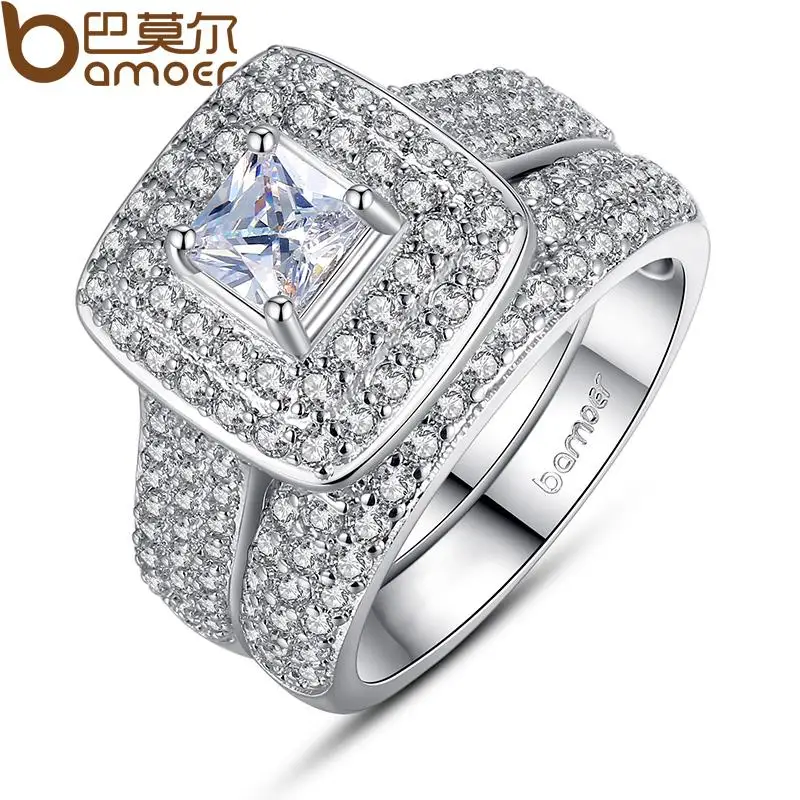 

BAMOER White Gold Color Ring Set 2 pcs Square Stone Crystal Finger Ring for Women Pave AAA Zircon Stone Jewelry Gift YIR063