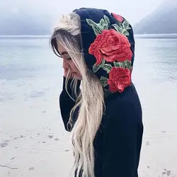 Роза вышивка женский, черный толстовки Толстовка с длинным рукавом Свободные Цветок печатных дамы Национальный стиль пуловеры весенний