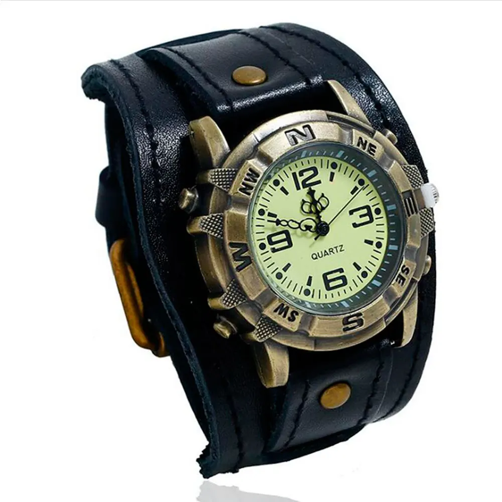Quartz watch Mens quartz watch Men wristwatch Relogio Masculi Retro Big Wide Genuine Leather Strap Watch Men Punk Quartz Cuff Watch Wristwatches Bracelet Unusual Wrist
