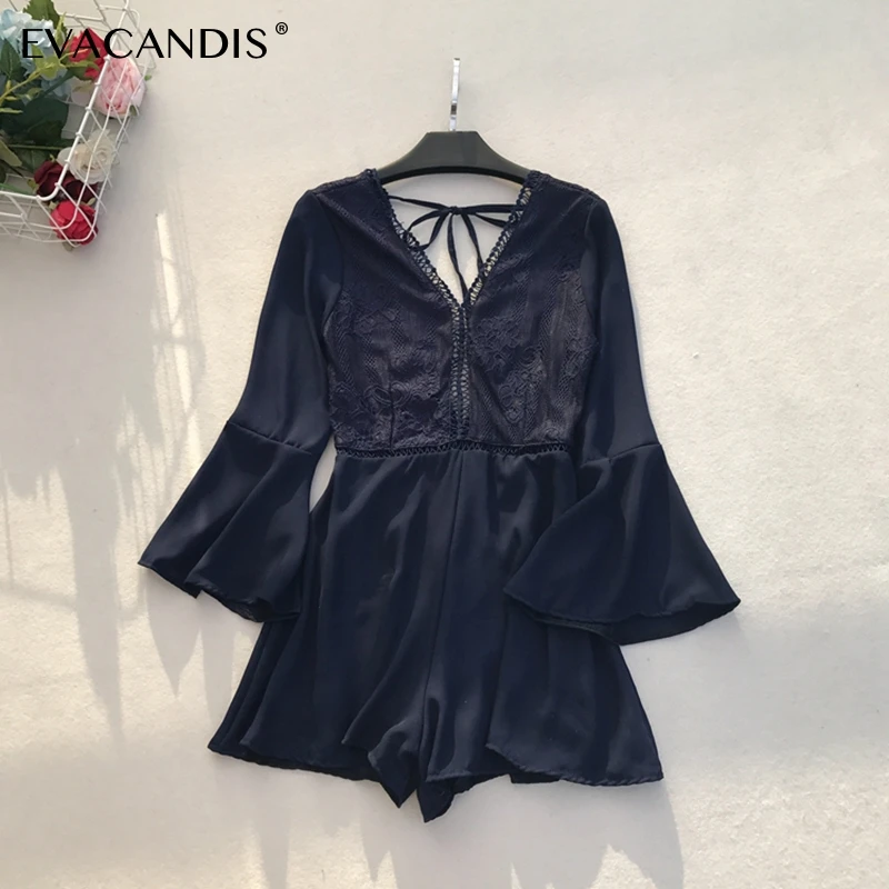 

Lace Short Women Jumpsuit Black V Neck Sexy Summer Beach Backless Ruffle Overalls White Red Korean Long Sleeve Plus Size Rompers