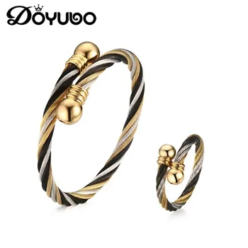 

DOYUBO Punk Design Stainless Steel Bangle&Ring Jewelry Sets For Women / Men Gold Color Torsion Wire Bracelets & Ring Sets DD069
