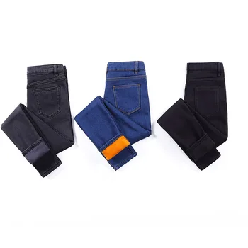 

WKOUD Women 2018 Winter Jeans Korean New Solid Skinny Pencil Pants Stretch Black Fleeces Denim Trousers Blue Hot Jeans P8565