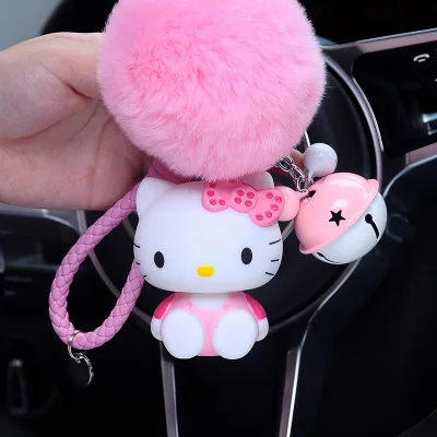 Cute Cartoon Hello Kitty Rabbit Fur Ball PomPom Pom Poms Keychain Women Leather Strap Metal Key Ring Chains Car Bag Charm D35B