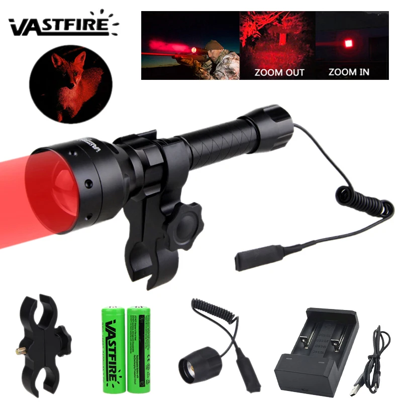 

Zoomable Hunting Flashlight 500 Yards 55mm Lens Focus Tactical Under-barrel Gun Light+Rifle Scope Mount+18650+USB Charger+Switch