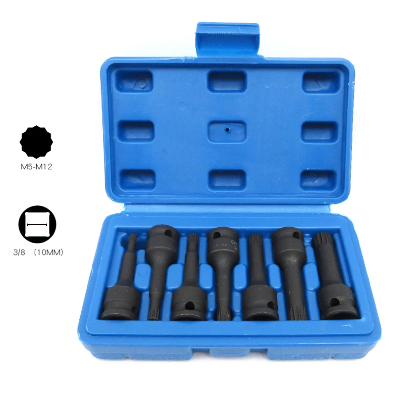 7Pcs 3/8" Drive Impact Spline Bit Socket Set Long Black Impact Socket
