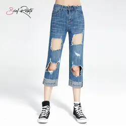 Краткое относятся Chic широкие брюки джинсы на талии большой Destoryed Отверстия украшения штаны рваные джинсы бойфренда Для женщин синие джинсы