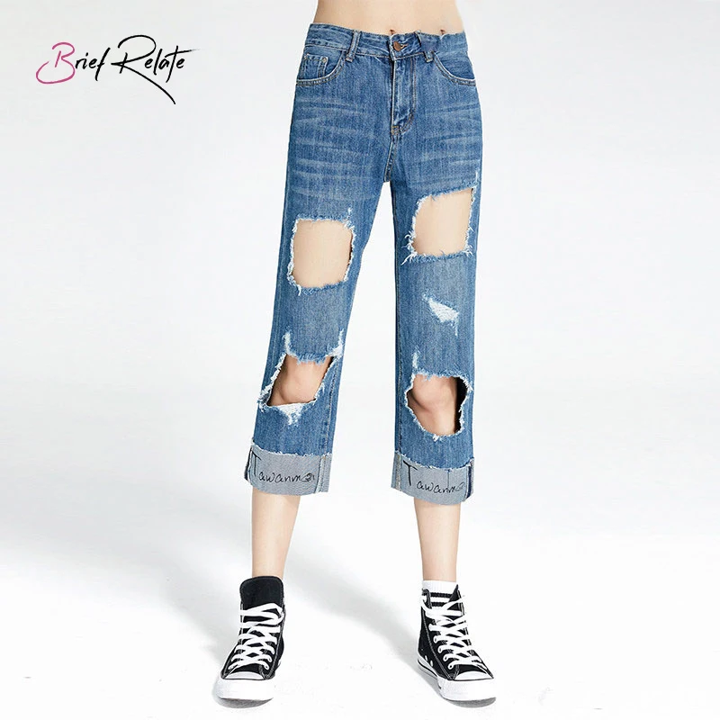 

Brief Relate Chic Wide Leg Denim Jeans Mid-waist Big Destoryed Holes Decoration Pants Ripped Boyfriend Jeans Women Blue Jeans