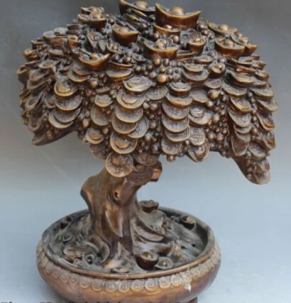

JP S0135 16" Chinese Bronze Fengshui Wealth Coin Yuanbao treasure bowl Money Tree Statue