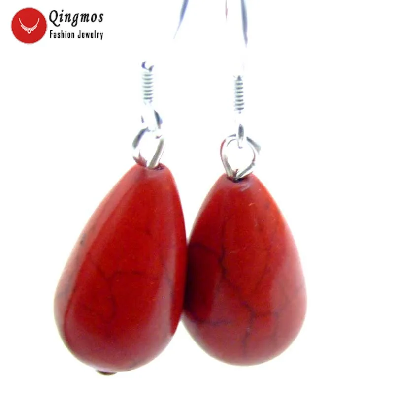 

Qingmos Red Drop Turquoises Earrings for Women with 10*16mm Stone Beads Dangle Oorbellen Earring Silver Hook Fine Jewelry-383