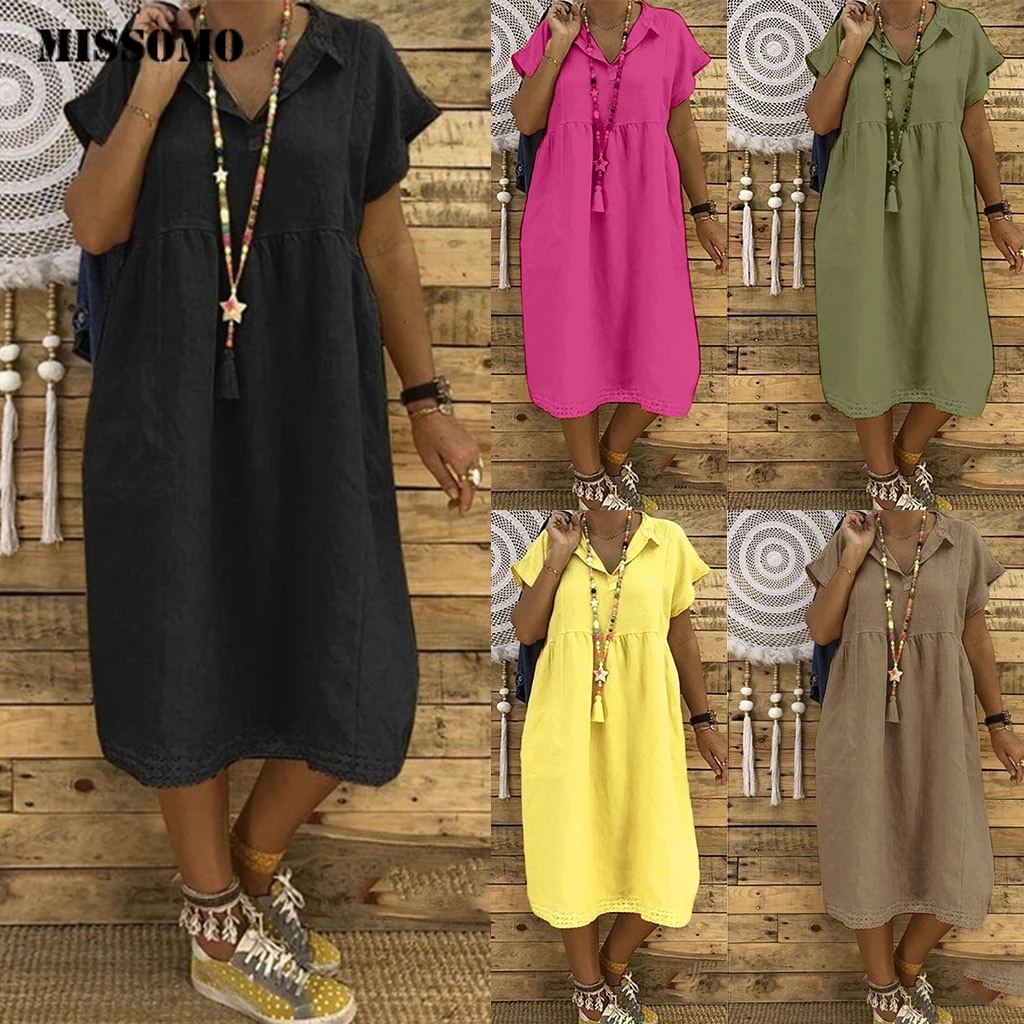 

MISSOMO Puls size Women dressTurn-down Collar Summer shirt dress Short Sleeve Loose Cotton Solid Casual Loose Vestidos Plus Size
