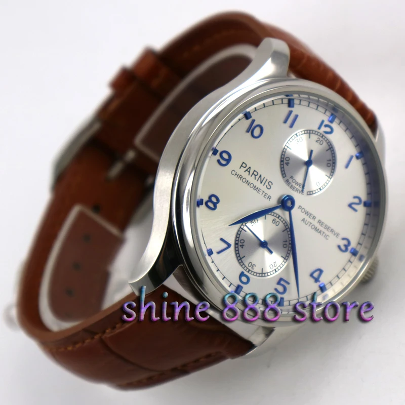 

Parnis 43mm Power reserve White dial Brown strap ST2542 Automatic movement Men's watch