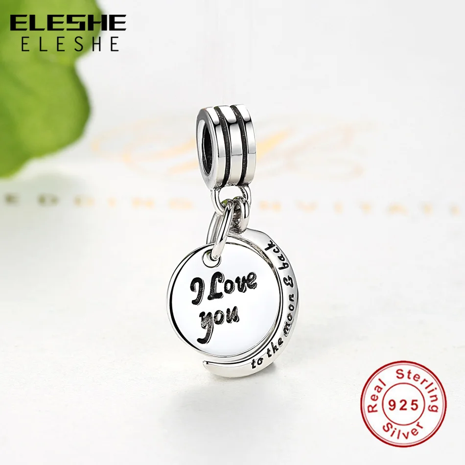 Authentic 925 Sterling Silver Bead Charm I Love You To The Moon & Back Pendant Charm Fit ELESHE Bracelet & Bangle DIY Jewelry
