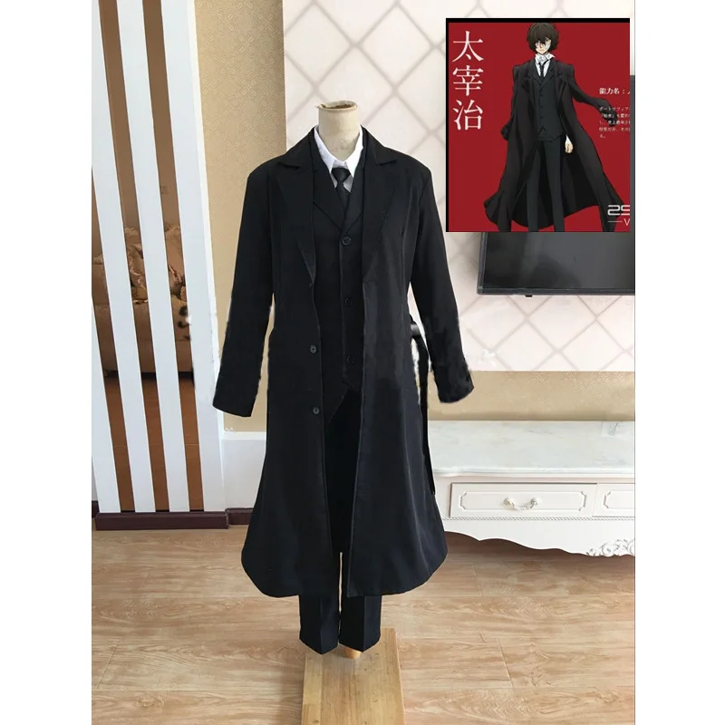 

Anime Bungou Stray Dogs Cosplay Costume Dazai Osamu Cosplay Costume Men Black Trench Pant Tie 4PCS Sets Outfit Halloween