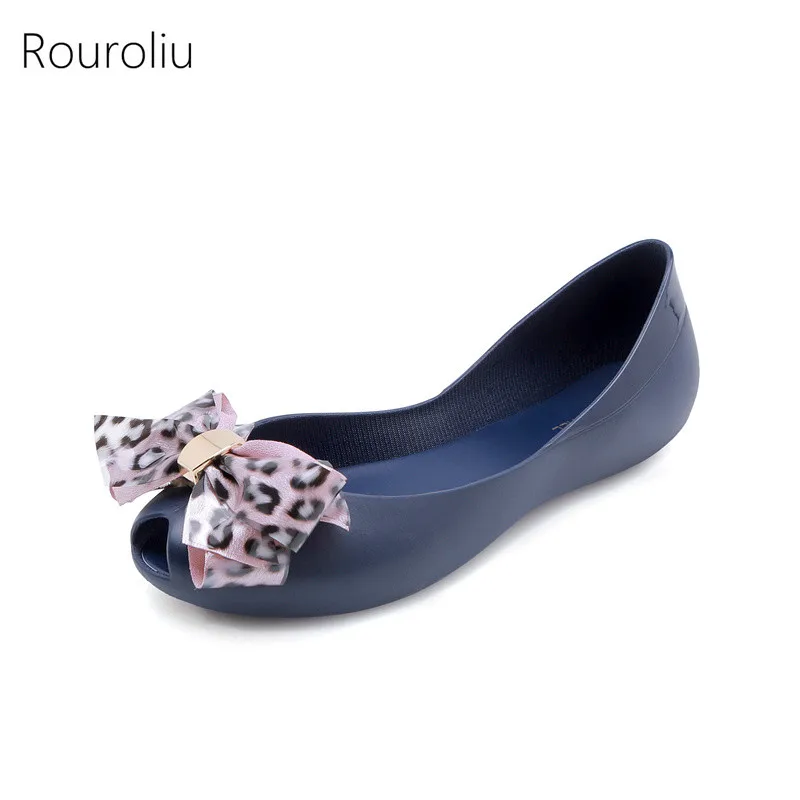 

Rouroliu Women Summer Jelly Rain Shoes Non-Slip Waterproof Casual Shoes Woman Bowknot Peep Toe Shallow Flats FR85