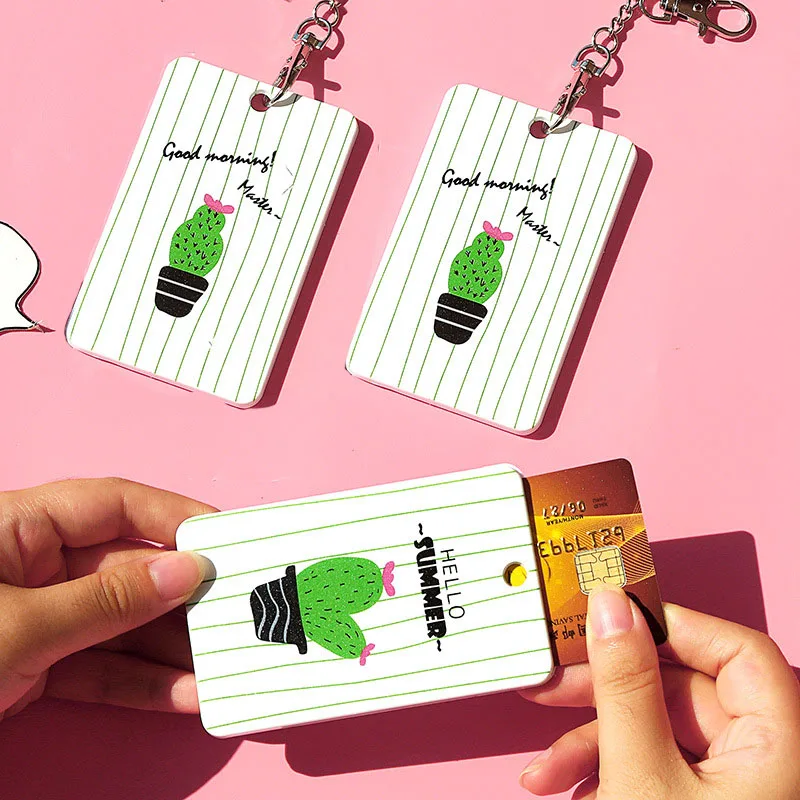 

1pc Cute Green Cactus Card Holder Kawaii Stationery Note ID Credit Card Holder Key Chain Business Card Protect Cover