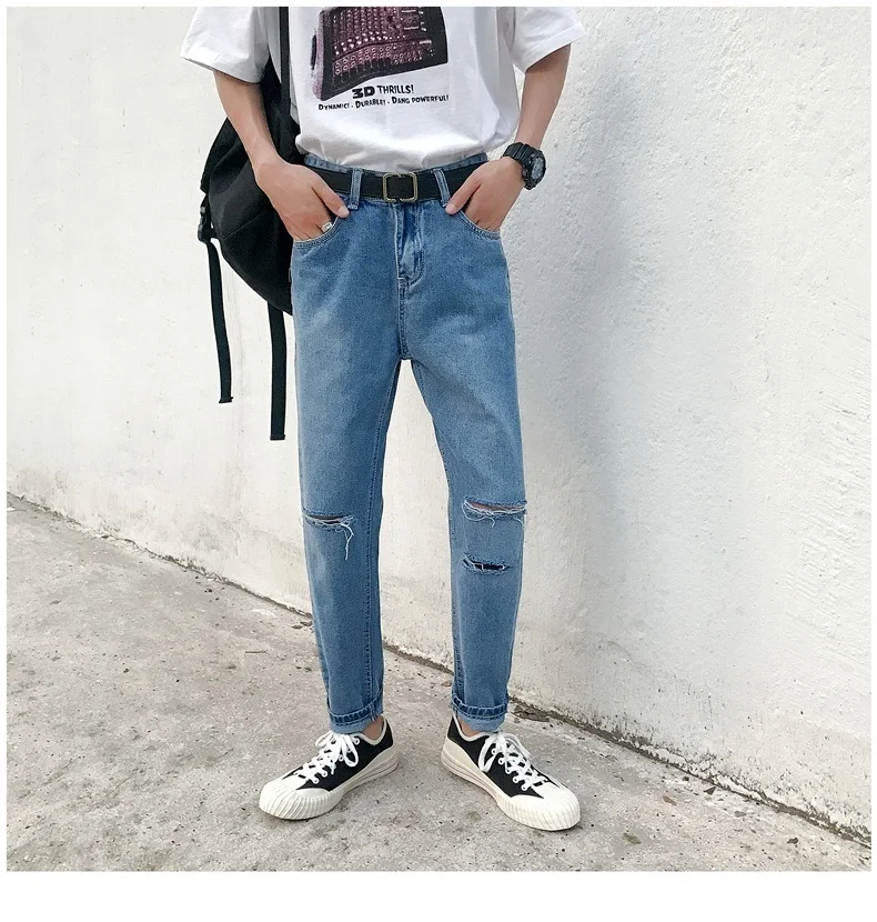 2019 летние мужские модные трендовые стрейчевый облегающий джинсы скинни мужские брюки с дырками синего цвета повседневные брюки большого