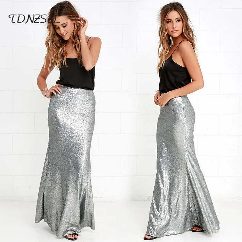 Women Sexy Silver Sequined Long Skirt Solid Bodycon Party Club Trumpet