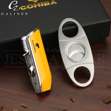 COHIBA гаджеты маленькая металлическая ветрозащитная желтый карман прикуриватель с оригинальной коробкой Sharp Нержавеющая сталь лезвие, нож для сигар с гильотинными ножницами