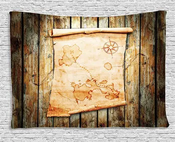 

Island Map Tapestry, Treasure Map on Rustic Timber X Marks the Spot of Gold Nautical Pirates Concept, Wall Hanging Tapestry