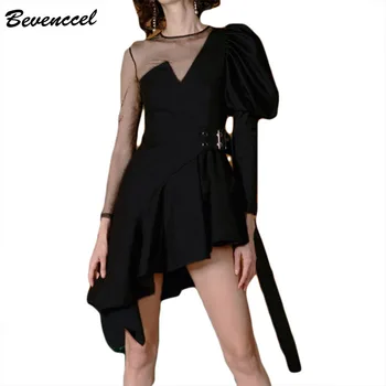 

Bevenccel Women Celebrity Evening Party Dress Long Sleeve Mesh Patchwork Hollow Out Elegant Women Dress Vestidos Slim Sexy Dress