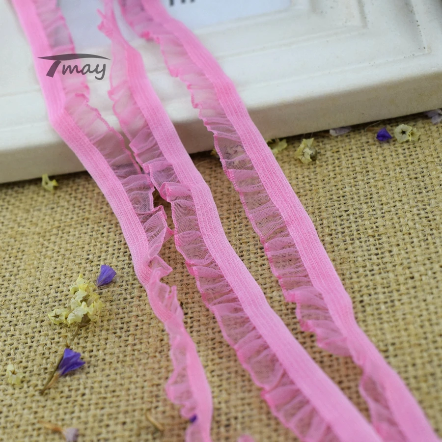 

#1418 Pink Color Elastic Lace Trim 6 yards/lot 13MM(4/8") width DIY Garment Stretch Ruffle Lace Fabric Ribbon Lace Accessories