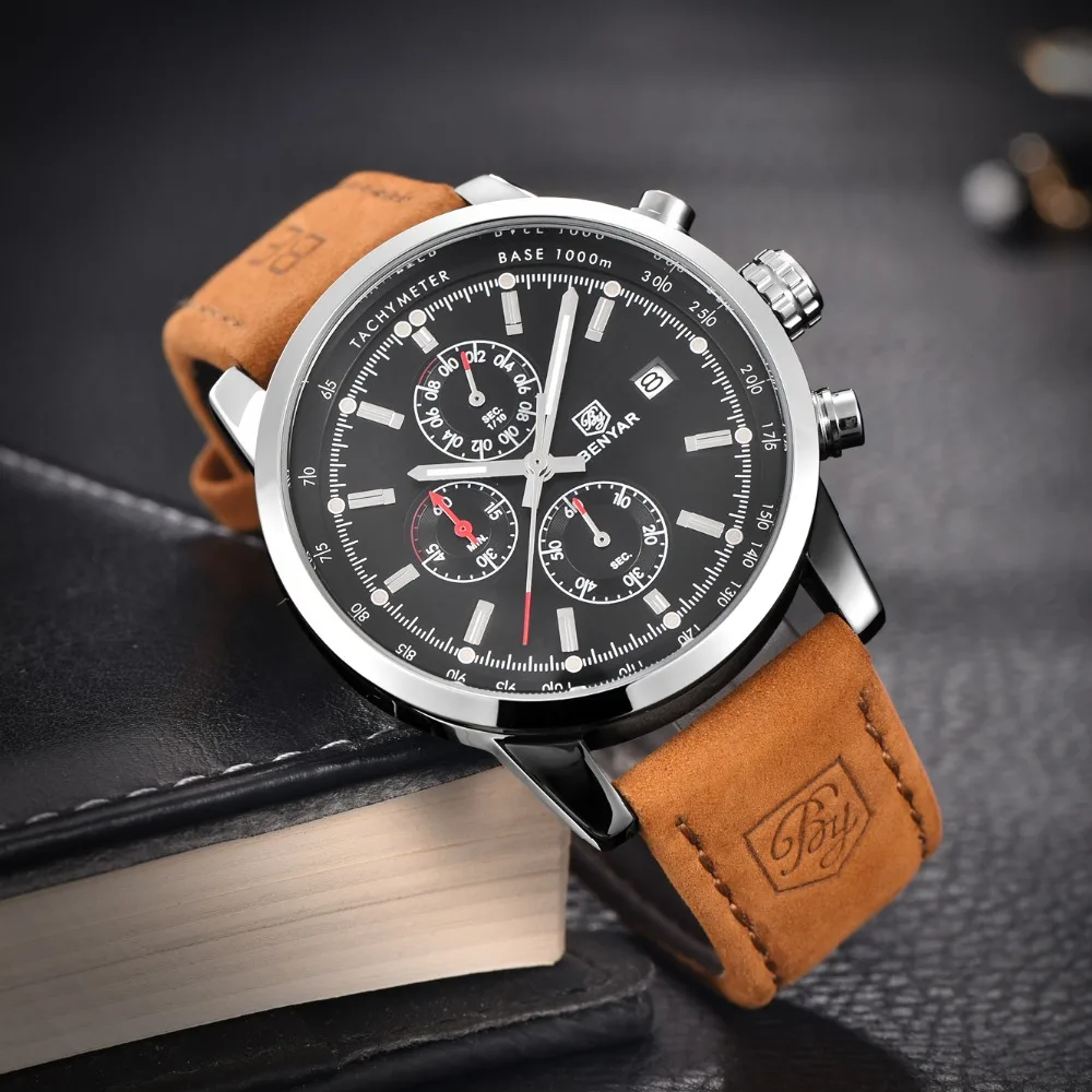 BENYAR Sport Men Watch Top Brand Luxury Male Leather Waterproof Chronograph Quartz Military Watch M