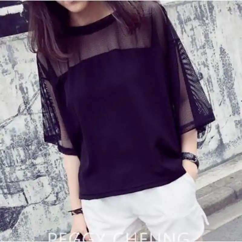Womens Plus Size Blouse Mesh Splicing Tops Lantern Half Sleeve Tshirt Ribbons O Neck Pullover