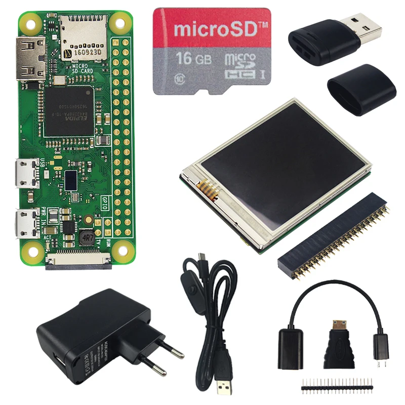 Tanie Zestaw Raspberry Pi Zero W + akrylowa skrzynka + ekran dotykowy 2.8 cala + kamera 5MP + karta sieciowa RJ45 + karta SD 32GB + radiator + HDMI