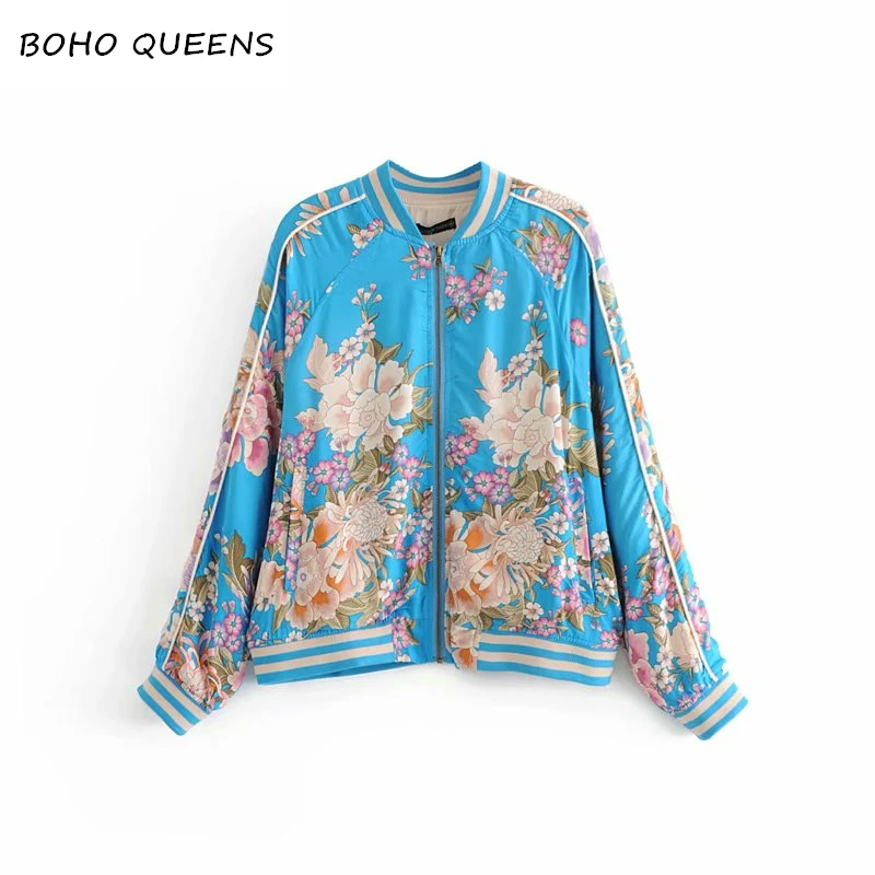 

Vintage Autumn Military floral print rayon Coats Large Size Waterproof women Air Force Pilot Bomber Boho Jacket oversized