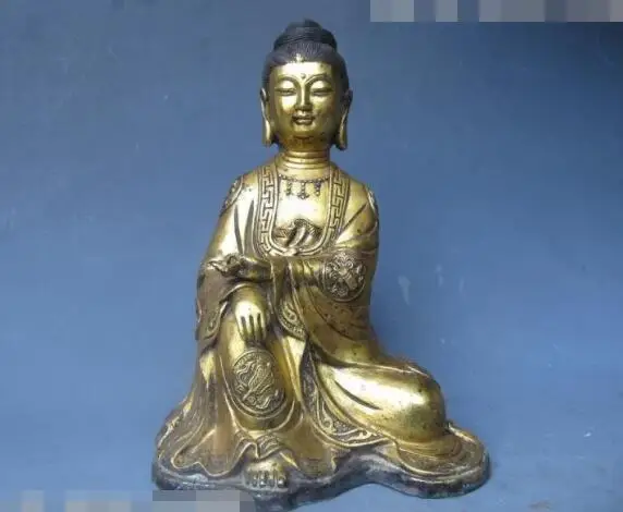 

S06150 10"China Old Bronze Gild Sit Eight treasures fastdom Bodhisattva Guan Yin Statue