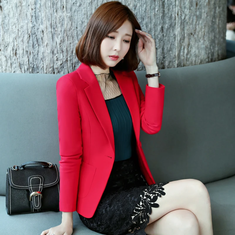 

PEONFLY Fashion 2019 Women Blazer Red Tops Solid Single Button Coat Slim Office Lady Jacket Female Suit Blazer Femme Plus Size