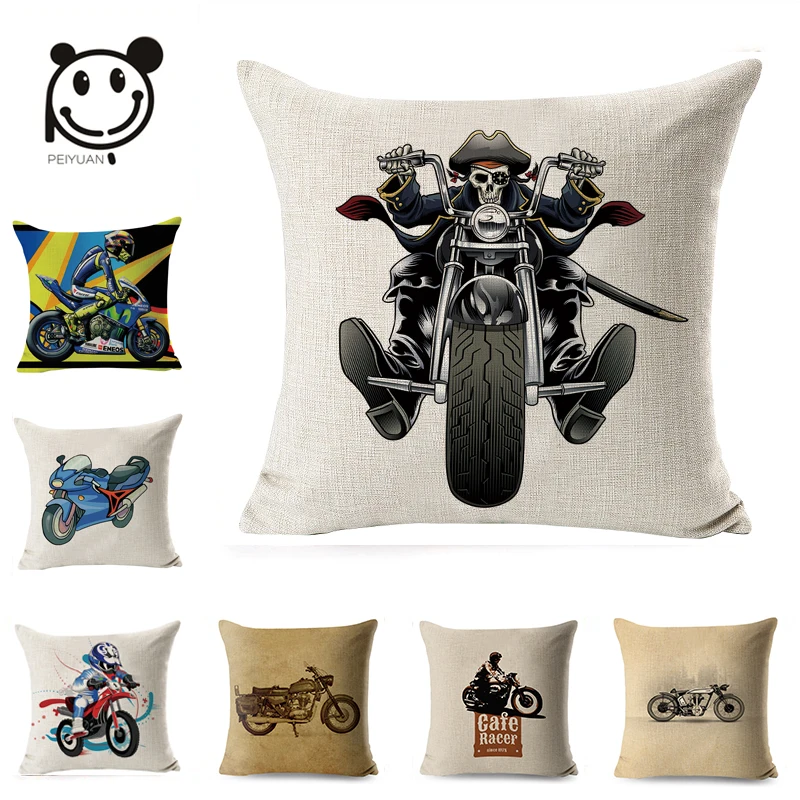 

PEIYUAN Brand Cushion Cover Print Colorful Cartoon Motorcycle Cotton Linen Pillowcase Merry Christmas Pillow Case