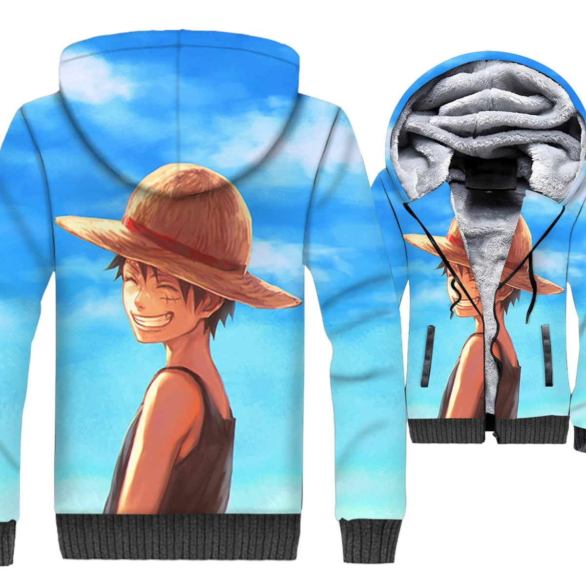 

Luffy Jackets Men Anime One Piece 3D Hoodies Hipster Sweatshirt Winter Thick Fleece Harajuku The Pirate King Coat Brand Clothing