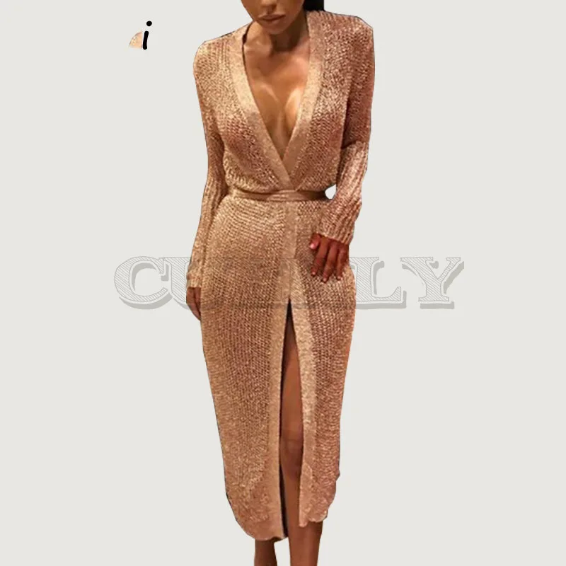 

Cuerly sexy rose gold shine knitted cardigan dress women party club midi bow dress deep v neck 2019 bodcyon knitted dress L5
