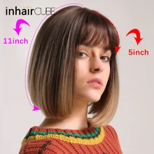 Inhair Cube Synthetic Flat Bangs Women Wig Ombre with Highlight Short Straight Hair Bob Wig Cosplay Hairstyle dull rayon short side bang straight highlight pixie synthetic wig