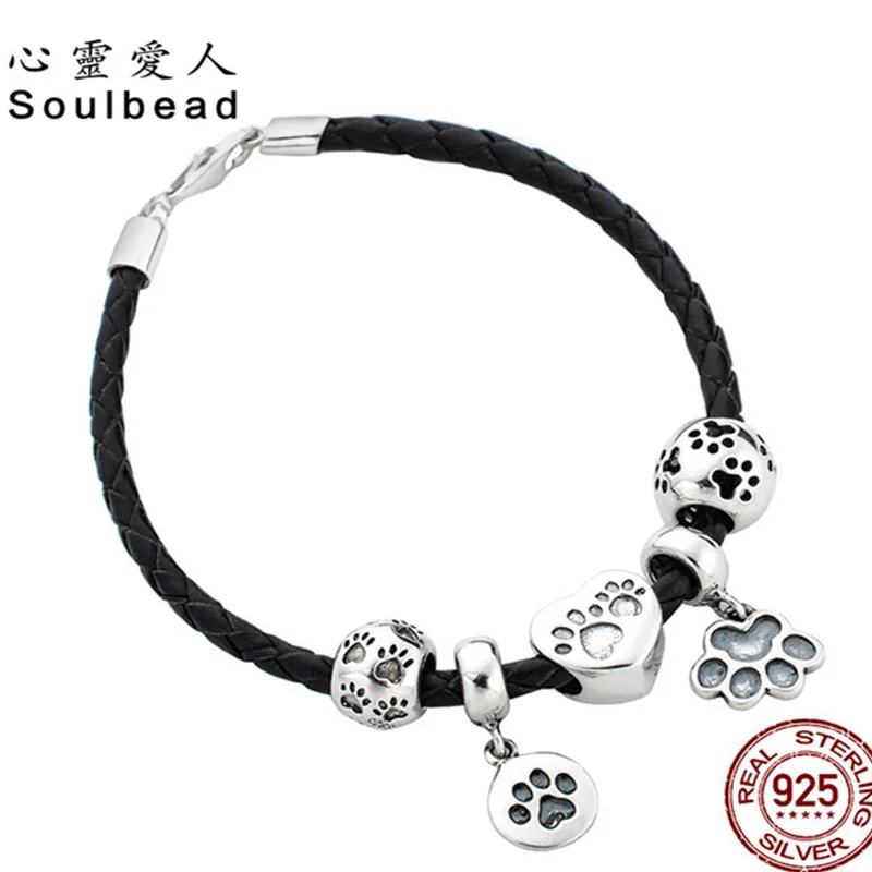 Браслет из натуральной кожи Soulbead с черным плетением браслеты собачьими лапами и