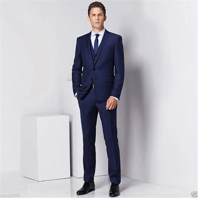 Новый индивидуальный мужской костюм темно-синего цвета из 3 предметов для формальных и деловых встреч и торжеств (куртка + жилет + брюки)
