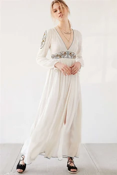 

2018 new free shipping Bohemia embroidery long maxi dress women's white v-neck split dress fashion party dresses