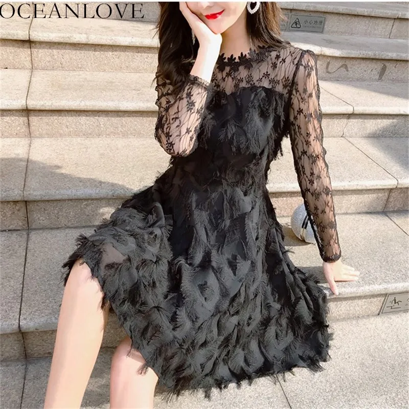 

OCEANLOVE Lace Solid Feather Mini Dresses Long Sleeve Hollow Out A-line Fashion Party Dresses 2019 Spring Elegant Vestido 10719