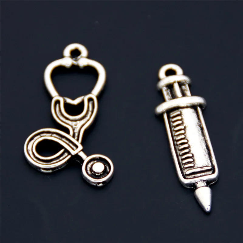 25pcs Antique Silver Medical Stethoscope Syringe Charms Nurse Doctor Pendant DIY Jewelry Making