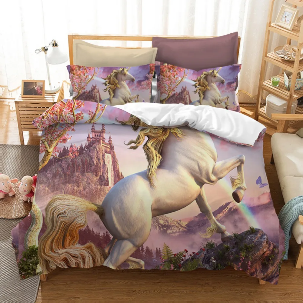 

New Drop Shipping 3D Digital Printing Watercolor Hand Drawn castle Sleeping Rainbow Unicorn Bedding Set 100% Microfiber Pink